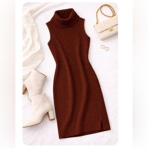 NWT BB Dakota Cocoa Brown Ribbed Sweater Dress | Notched Hem | Turtleneck | S